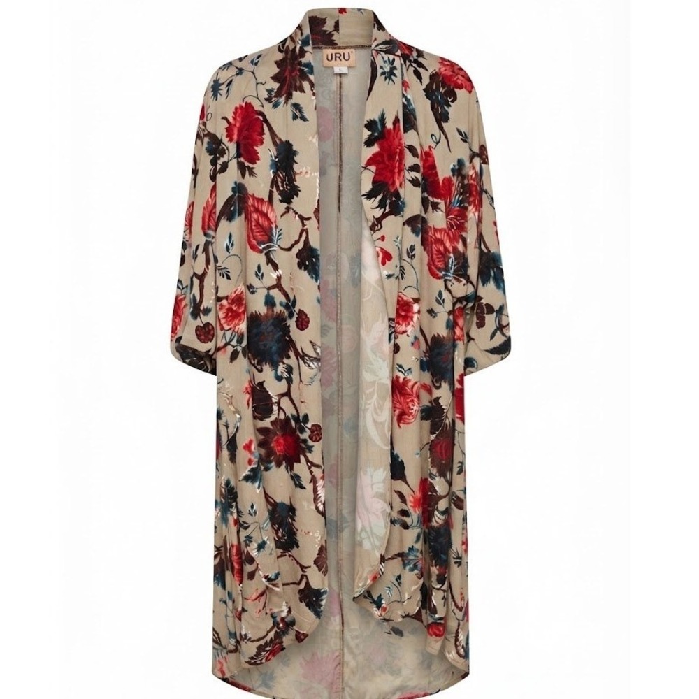 URU Womens Beige Red Floral Velvet Burnout Kimono Duster One Size OS Silk Blend